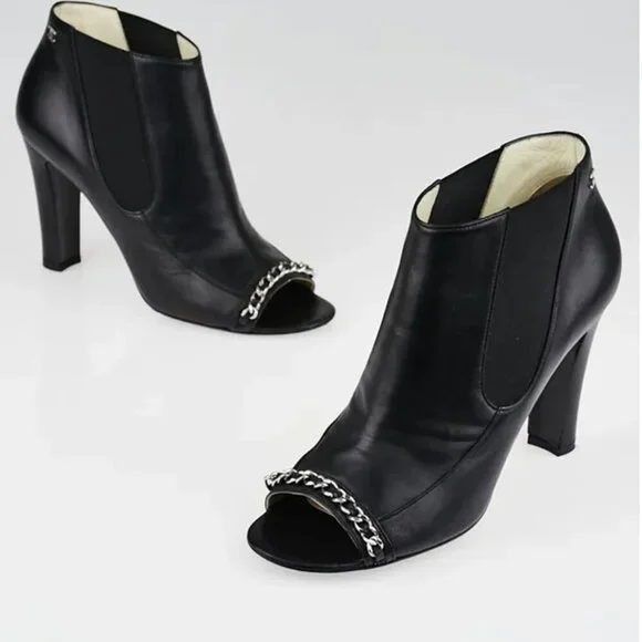 Chanel Women's Chain Peep Open Toe Booties Leather Black Lambskin